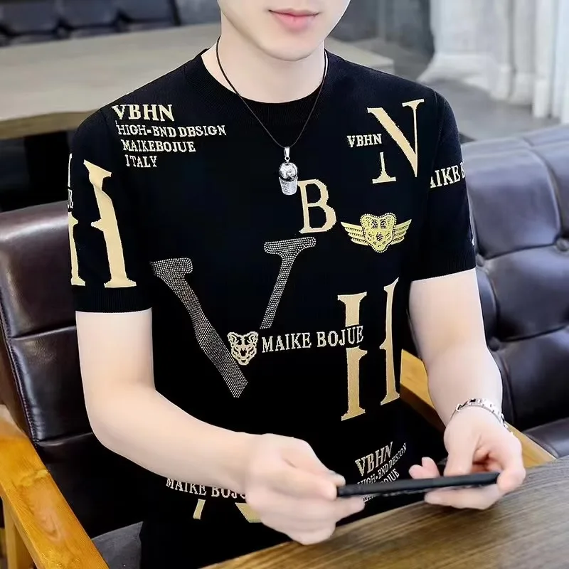 

ort Sve Slim Fit Men's T-irt Trendy f Sve Summer Versatile Cool Feeling Geometric Pattern Print round Ne Top