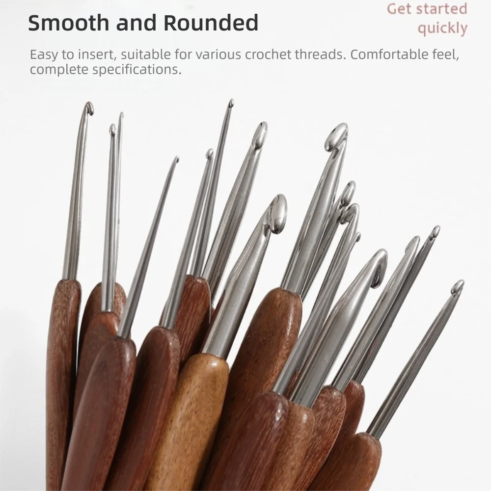 New 2.0-6.0MM Crochet Hook Sandalwood Handle Handmade Crafts Fine Hook Head Stainless Steel Crochet Hook Weaving Tool