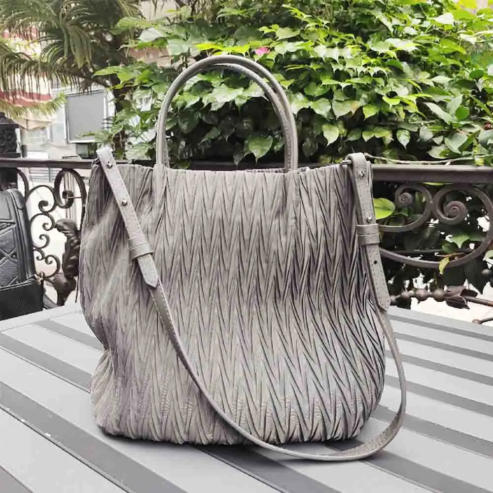 MS Retro Women Bucket Bag Luxury Pleated Parachute Fabric Waterproof Handbag Breathable Lady Nylon Tote Spring New In 2023