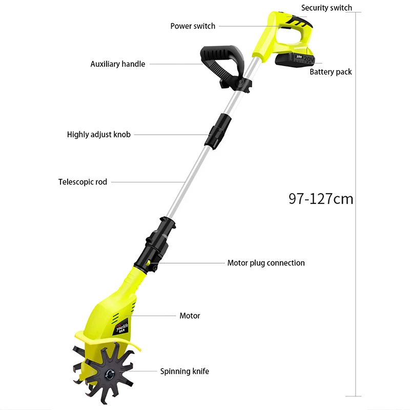 Handheld Tiller 20V Cordless Electric Ripper Lithium Rotary Mini Cultivator Machine Portable Grass Weeder Cultivator Garden Tool