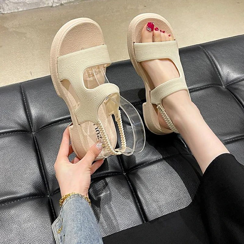 Roman Sandals For Women 2024 Summer New Style Fashion Casual Round Head Elastic Band Thick Bottom One Word Platform Sandals