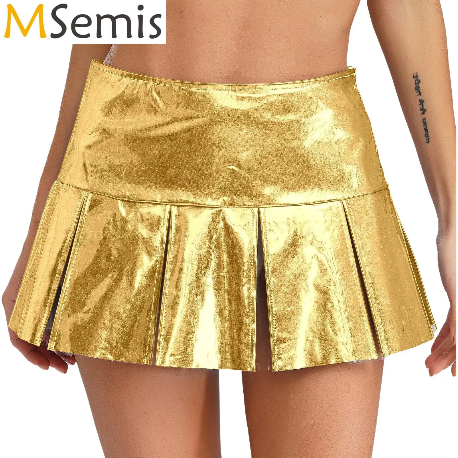 Women High Waist Flared Pleated Skirt Shiny Transparent Mini Skirt Rave Party Clubwear Jazz Modern Dance Prom Y2K Vintage Skirt