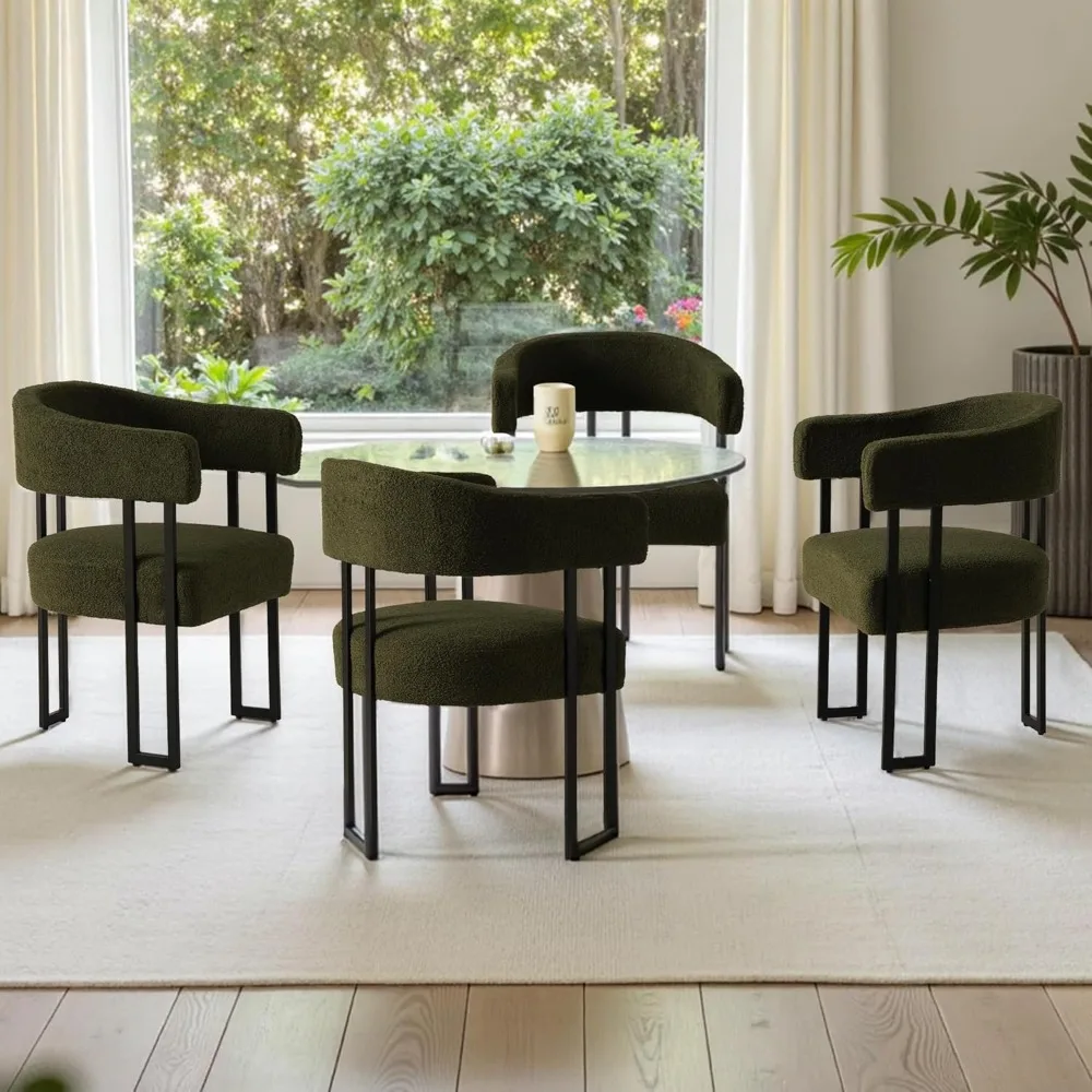 

"Mid-Century Dining Chairs (Set of 4) - Barrel Armchairs with Curved Back & Teddy Fleece Upholstery, Kitchen Accent Chairs"