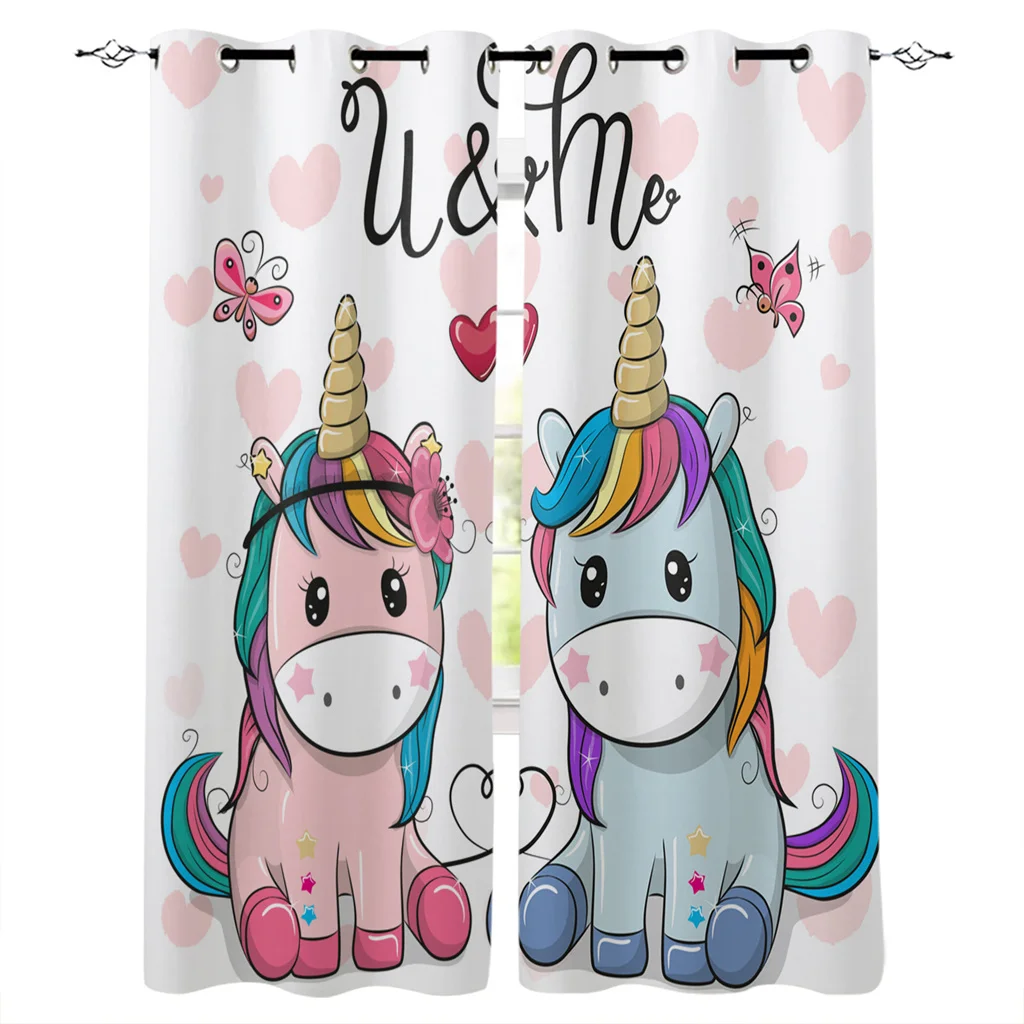 

Ready-made Cartoon Unicorn Rainbow Sunhade Thin Window Curtains For Kids Bedroom Living Room Bathroom Kicthen Door Hall Home2Pcs