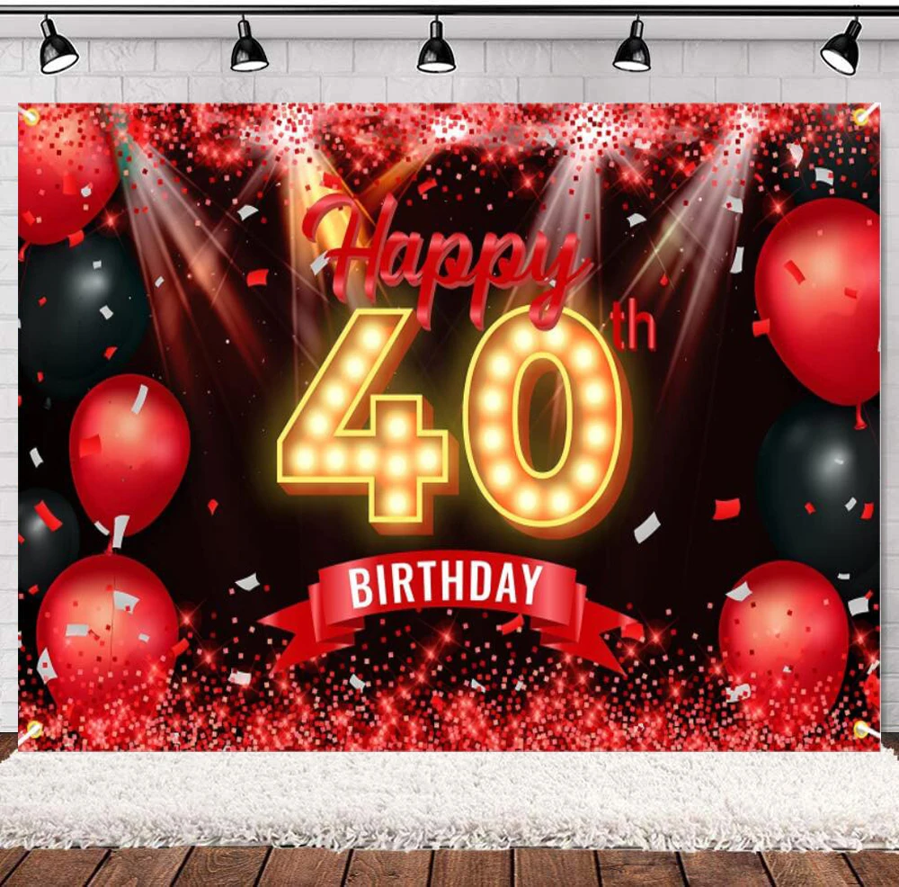 

Happy 40th Birthday Banner Photography Backdrop Red And Black 40 Years Old Background Bday Decor For Women Men Party Glitter