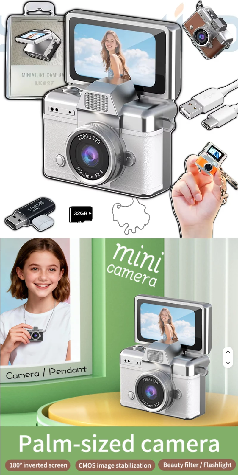 Rotating screen Mini camera with necklace design 2-in-1 camera built-in flash Fashion accessories Multi-color options LK-027