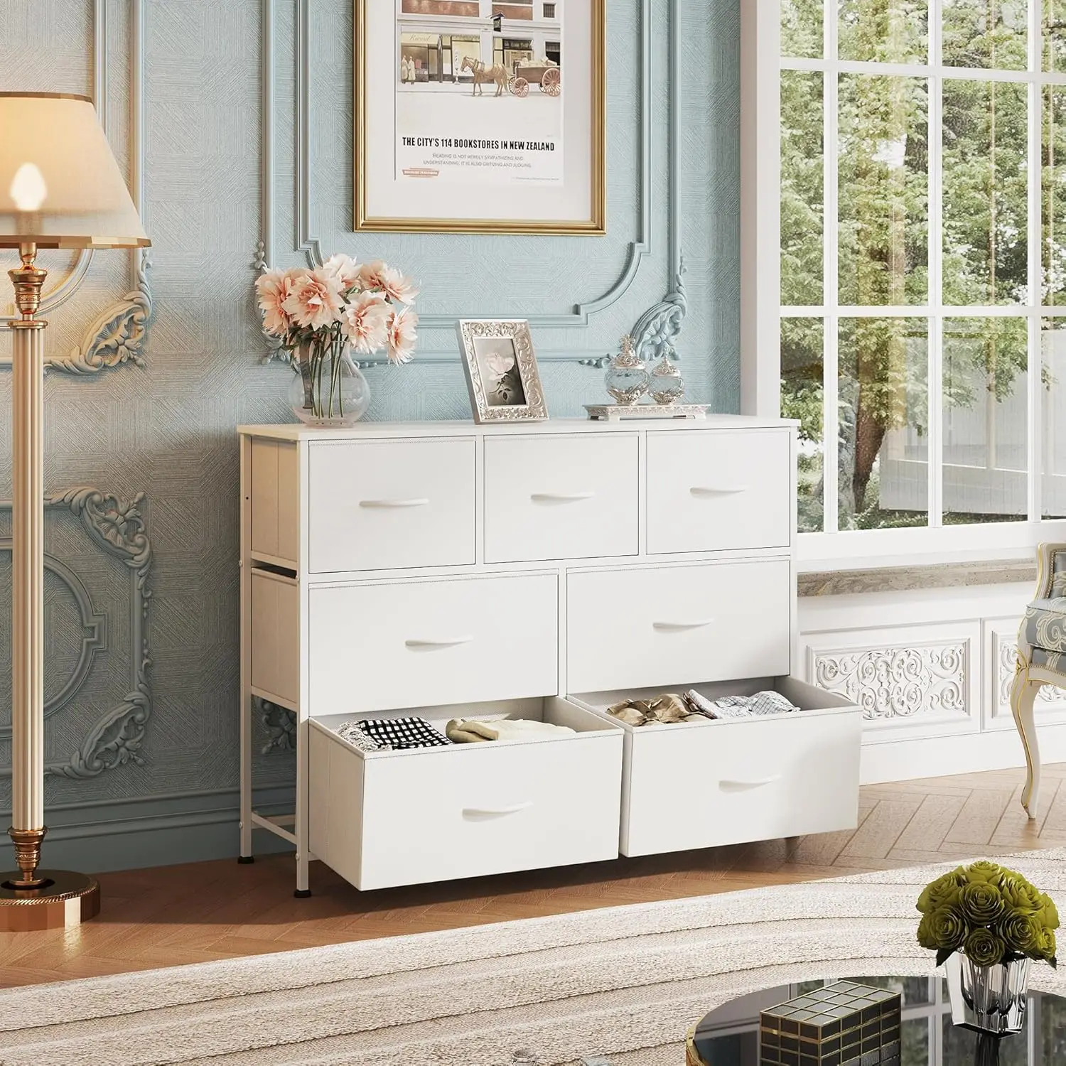 Dresser with 7 Drawers, Dressers for Bedroom, Fabric Storage Tower, Hallway, Entryway, Closets, Sturdy Steel Frame, White