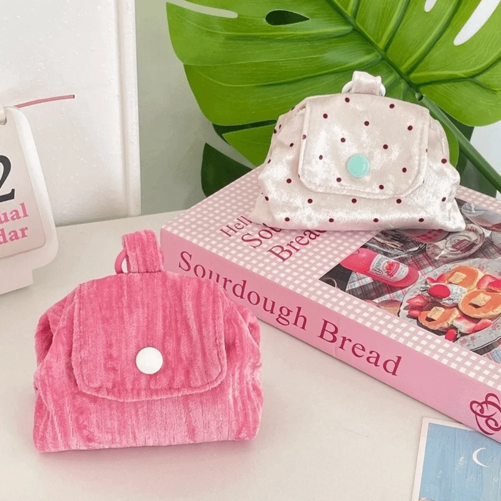 Polka Dots Quilted Earphone Storage Bag Contrast Color Quilted Mini Snap Button Coin Purse Lightweight Portable