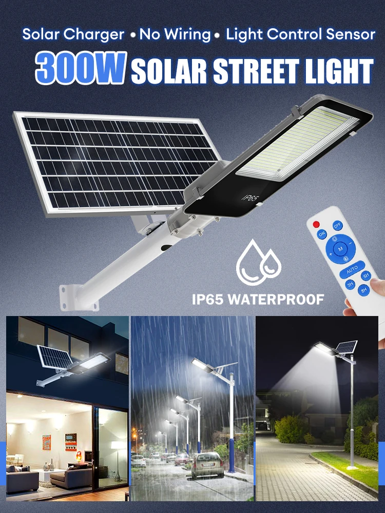 300W Solar-Straßenleuchte für den Außenbereich, superhelle, hocheffiziente Solarpanele, Fernbedienung, wasserdicht, IP67, für öffentliche Bereiche