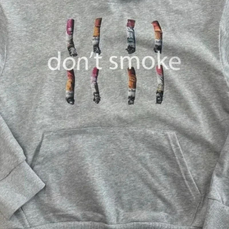 Y2K Gray Sports Hoodie Dont Smoke Print Sweatshirt Men Women Vintage Classic Hip Hop Streetwear Tracksuit Men Clothing Loose Top