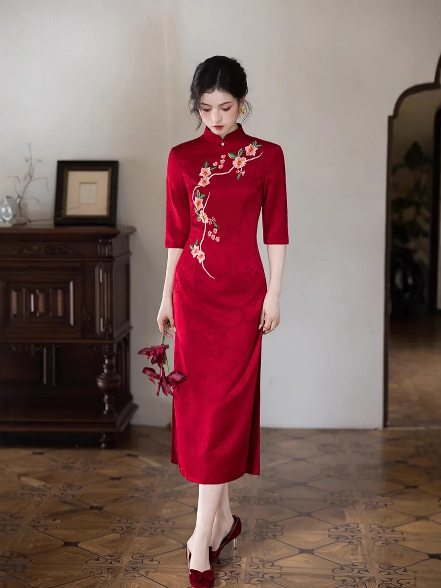 جديد تشيباو 2025 طبعة الخريف/الشتاء النمط الصيني مزاجه أنيقة طويلة محبوك الجاكار فستان التخسيس #2