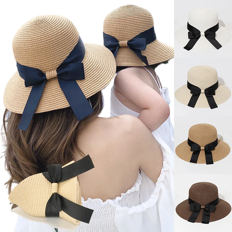 Foldable Ribbon Bowknot Sun Hats For Women Girls Simple Wide  display picture 1