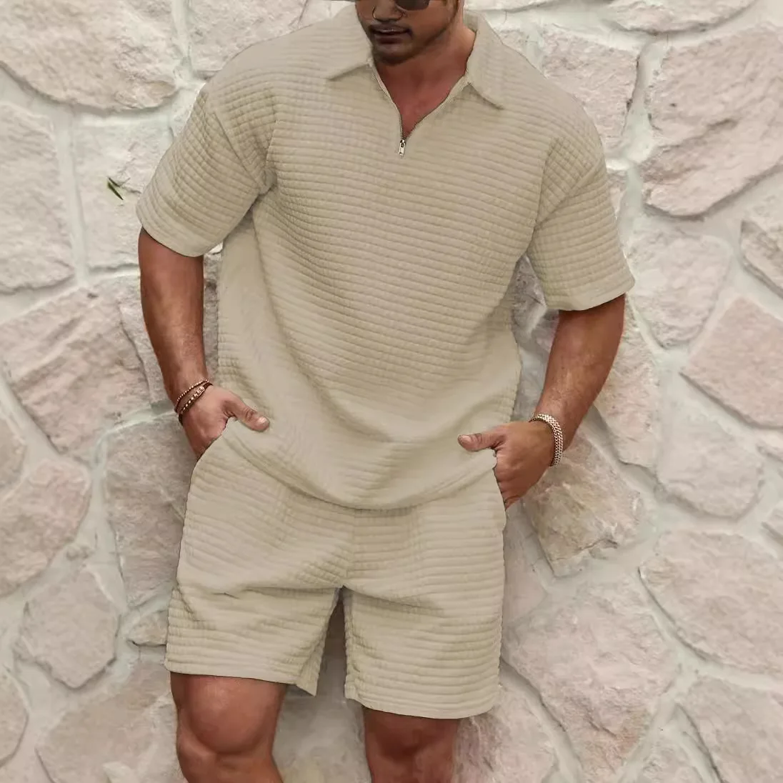 2025 Summer Men's Set New Fashionable Style Simple Waffle Color Solid Color Collar Polo Shirt Short Sleeve Shorts Sports Set