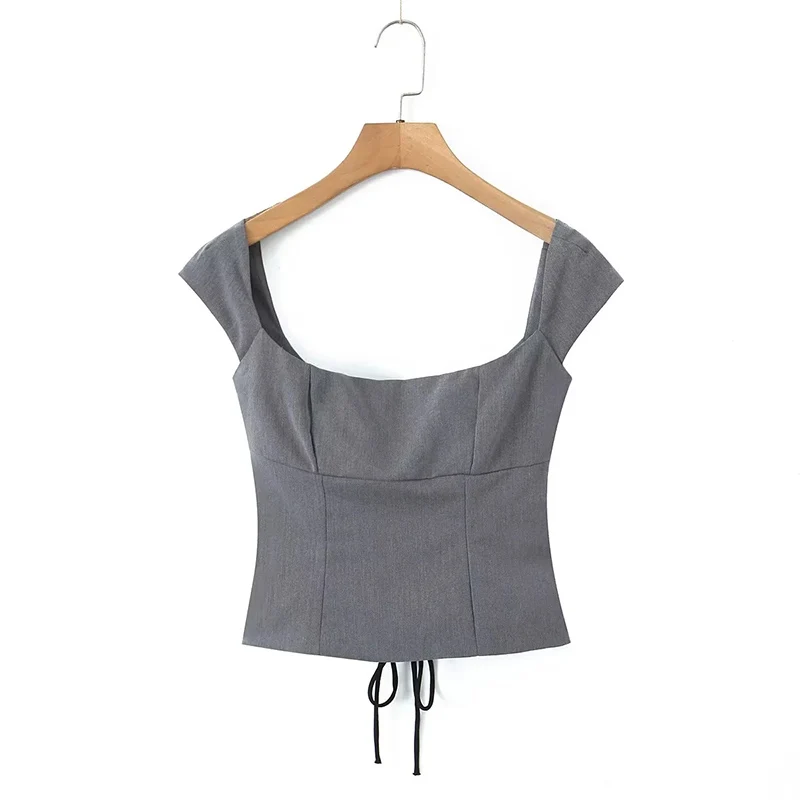 KUCLUT Women Fashion Chic Grey Crop Top Female Back Bandages Tie Square Collar Strap Tops Ladies Casual Tops