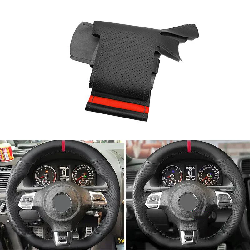 Car Leather Hand-stitching Steering Wheel Cover With Strip For Golf 6 GTI MK6 VW Polo GTI Scirocco R Passat CC Tiguan R-Line