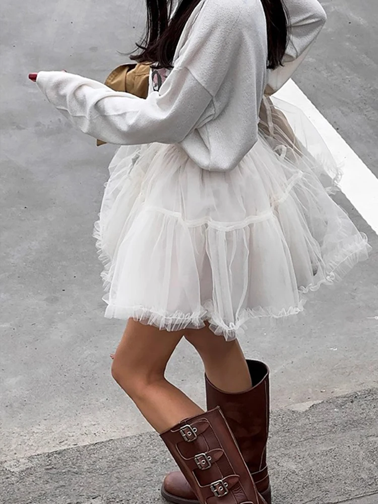 

Women's A-Line Skirt Half-length Lace Mesh Flared Slimming High Waist Puffy Skirt Korean Style Commute Bounce Spring Short