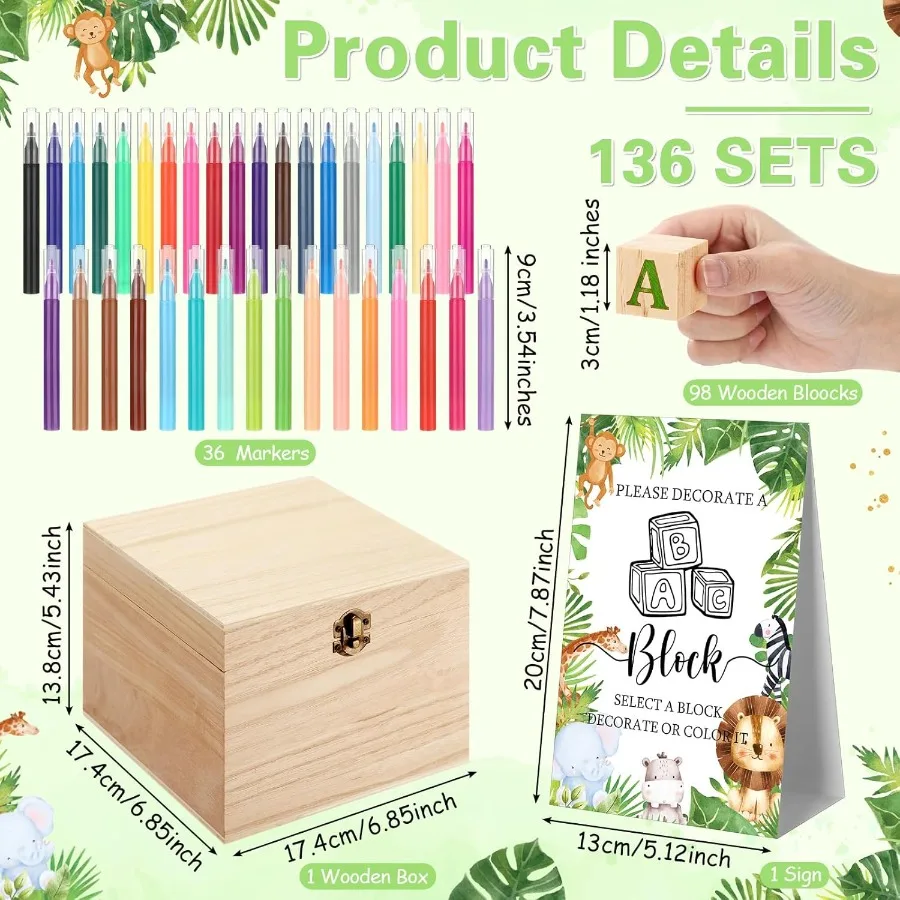 Marsui 136 Pcs Baby Shower Blocks to Decorate Game Kit Includes 98 Wooden Blocks 36 Markers 1 Game Sign 1 Storage Box for Baby