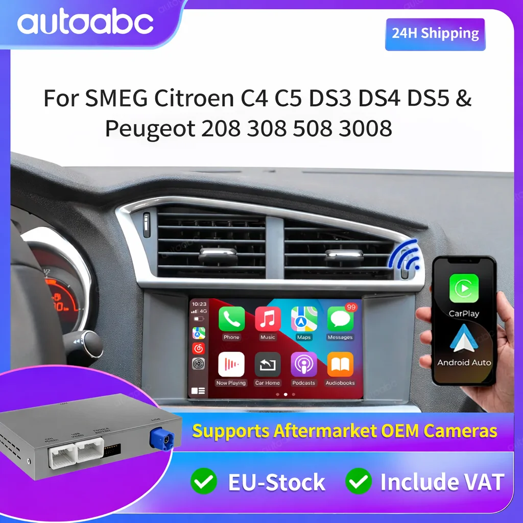Nouvelle Interface CarPlay Sans Fil 2026 et Décodeur Android Auto pour Peugeot Citroën SMEG MRN 208 2008 308 508 3008 & C4 C5 DS3 DS5 – Prise en Charge Mirror Link et Navigation Bluetooth