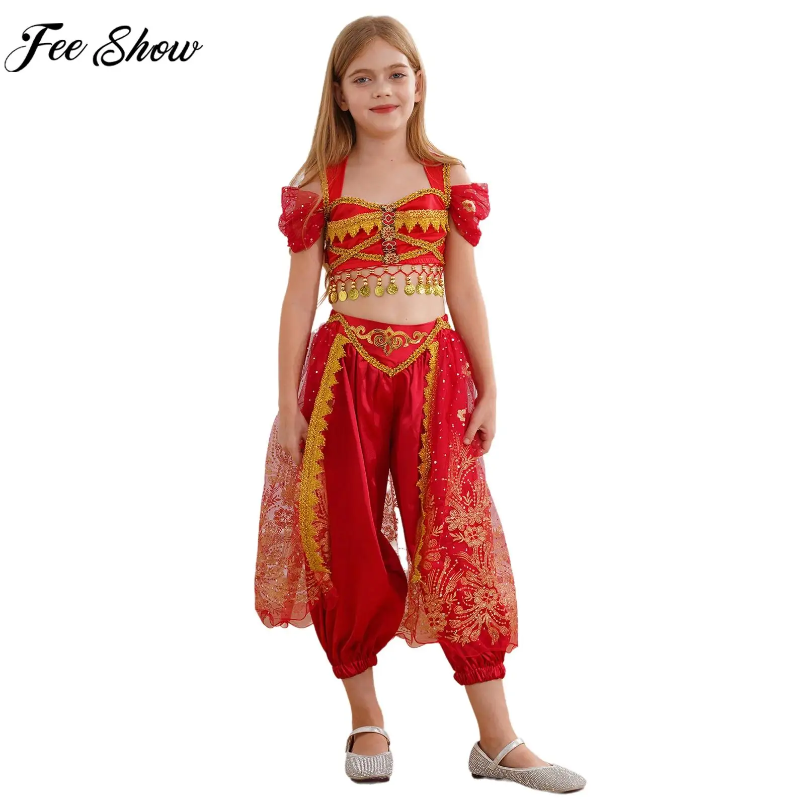 Kids Girls Sequin Crop Top with Pants Halloween Arabian Princess Cosplay Costume Indian Dance Belly Dancing Performance Outfit