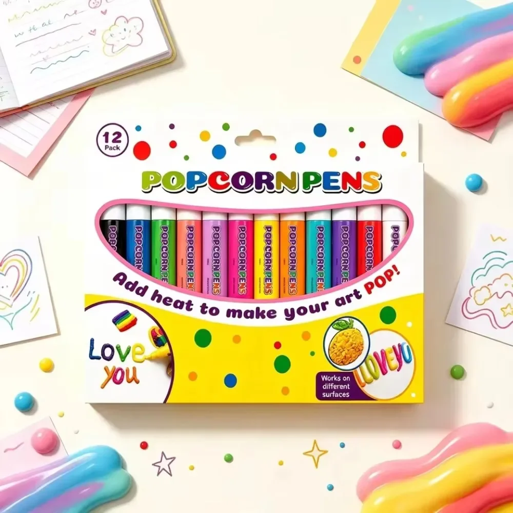 Puffy Popcorn Pen Set, Smooth Easy‑to‑Color 3D Art Marker Kit for Journal Craft, Notebook Greeting Card & Doodle Graffiti