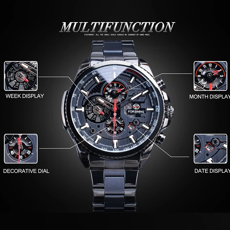 Forsining Staniless Steel Sport Waterproof Men Wrist Watch Automatic Mechanical Watches Male Multifunction Clock reloj hombre