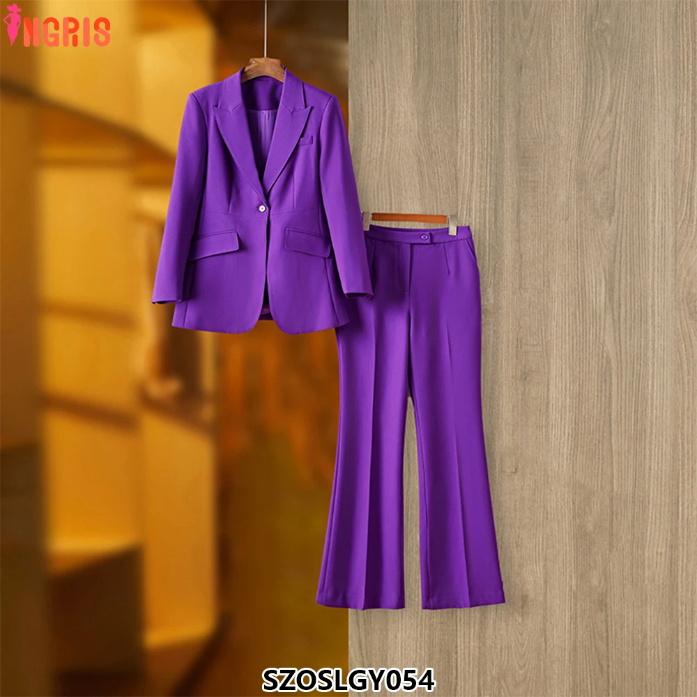 

Women's office basic three-dimensional suit single button slim suit loose bell-bottom pants female 2-piece suit-SZOSLGY054