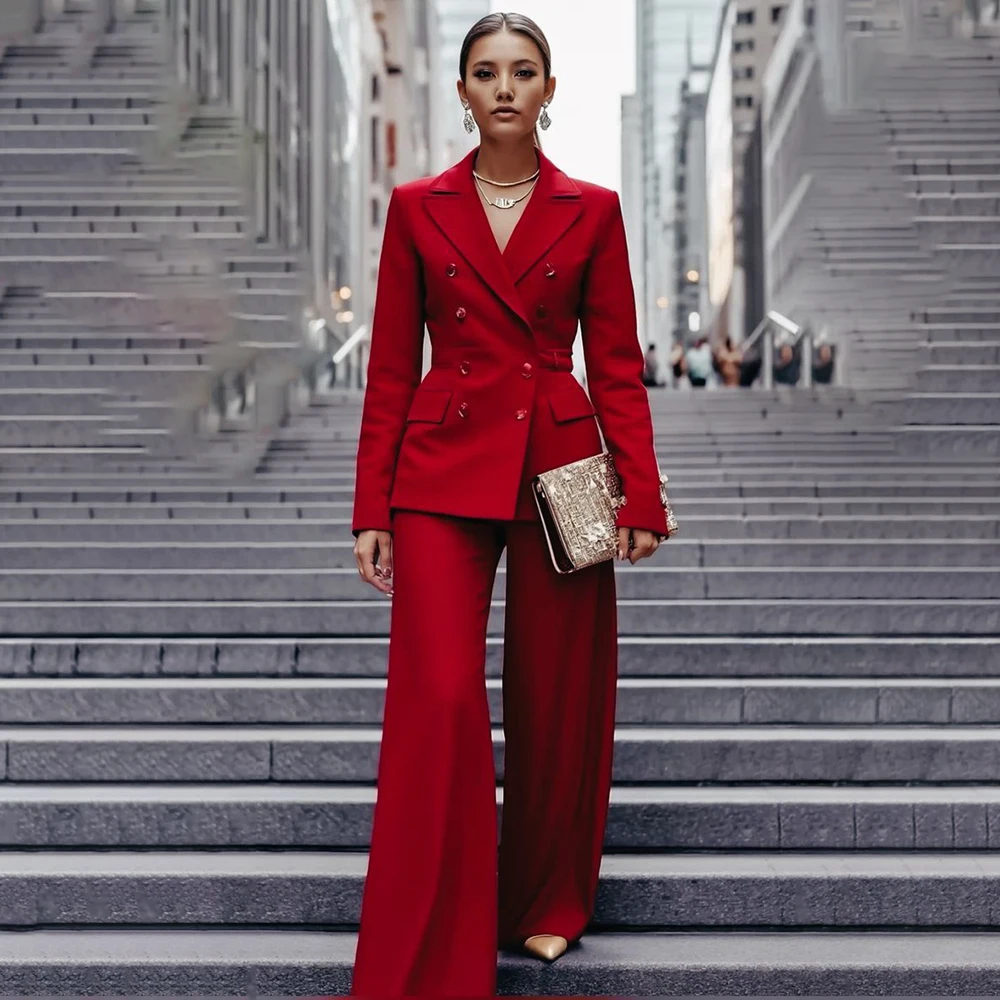 

High Quality Women's Suits 2 Piece Jacket Pants Full Sets Luxury Red Double Breasted Peak Lapel Slim Female Clothing Blazer