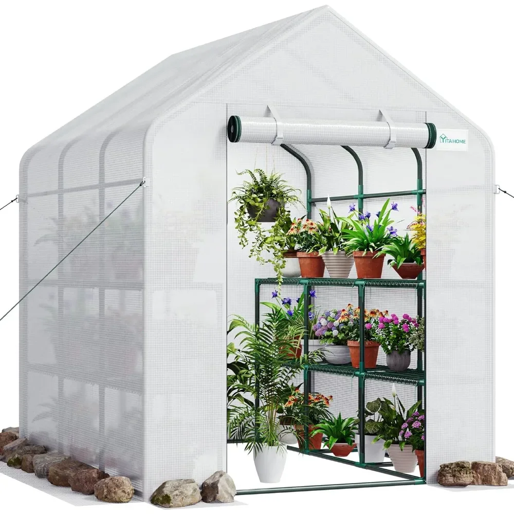 

Walk-In Greenhouse Outdoor 3 Tier 18 Shelf PE Cover Zipper Door Greenhouse Ripstop Plant Cover With Ground Nail Rope For Garden