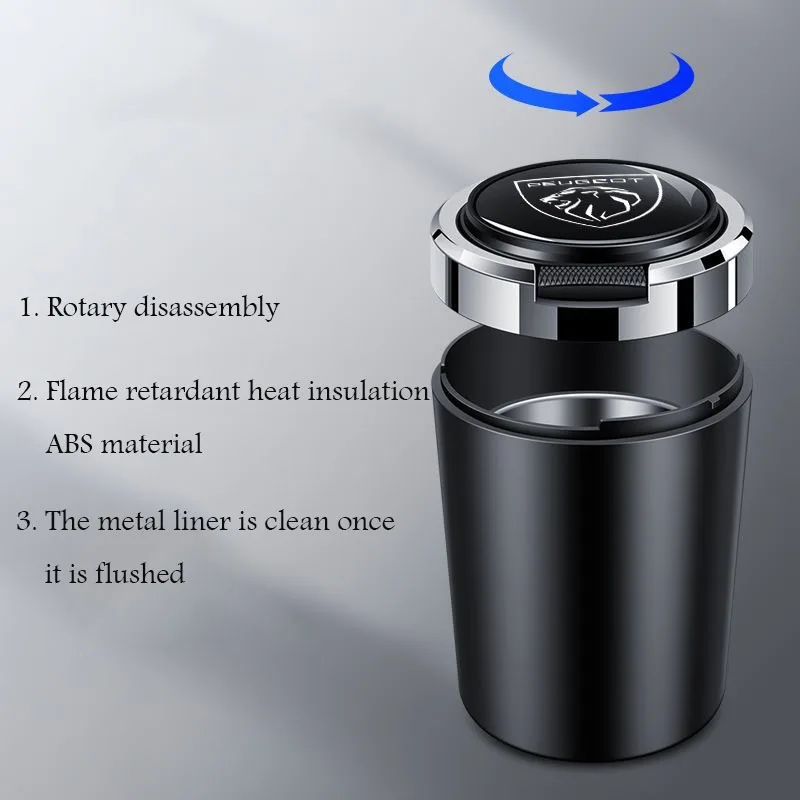 Car ashtray with LED light one touch open lid cigar cup suitable for Peugeot GTline 205 206 306 208 301 307 406 408 508 3008