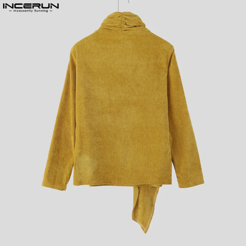 INCERUN الرجال تي شيرت بلون الياقة المدورة طويلة الأكمام محبوك عادية الذكور المحملة القمم الشارع الشهير 2025 موضة غير النظامية تي شيرت