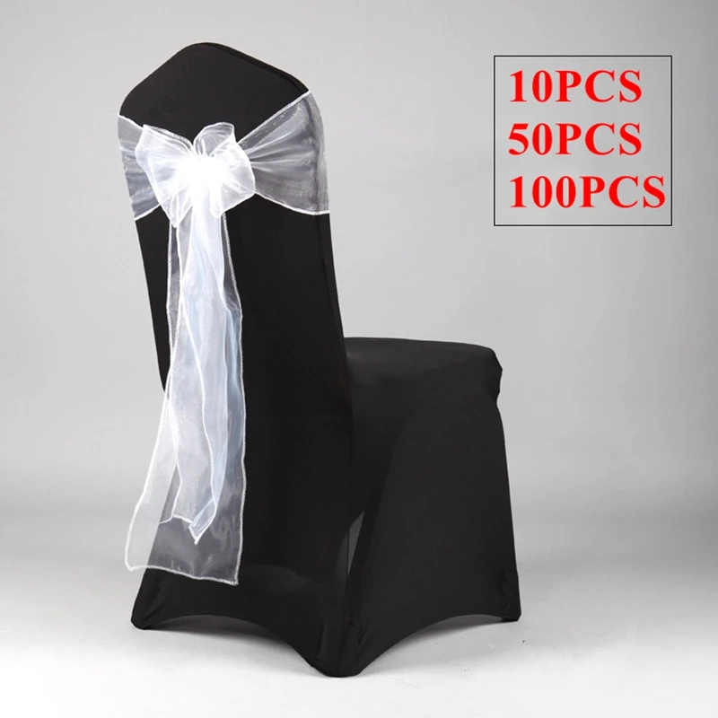 50pcs Organza Chair Sashes Wedding Chair Cover Sash Tie Bow For Event Paty Christmas Dinner Decoration