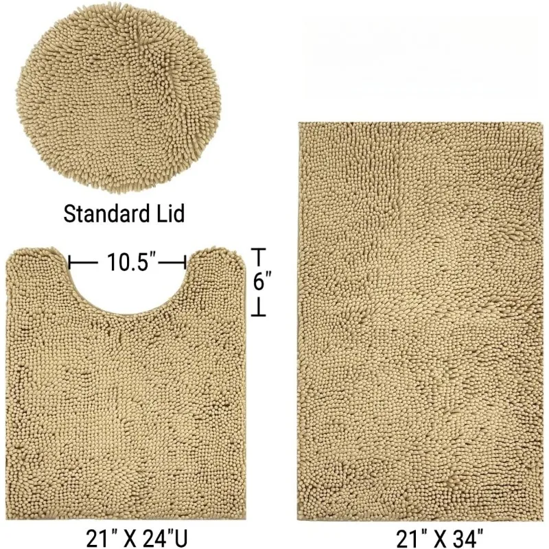 3pc Non-Slip Shaggy Chenille Bathroom Mat Set, Includes 24 x 21 Inches U-Shaped Contour Toilet Rug