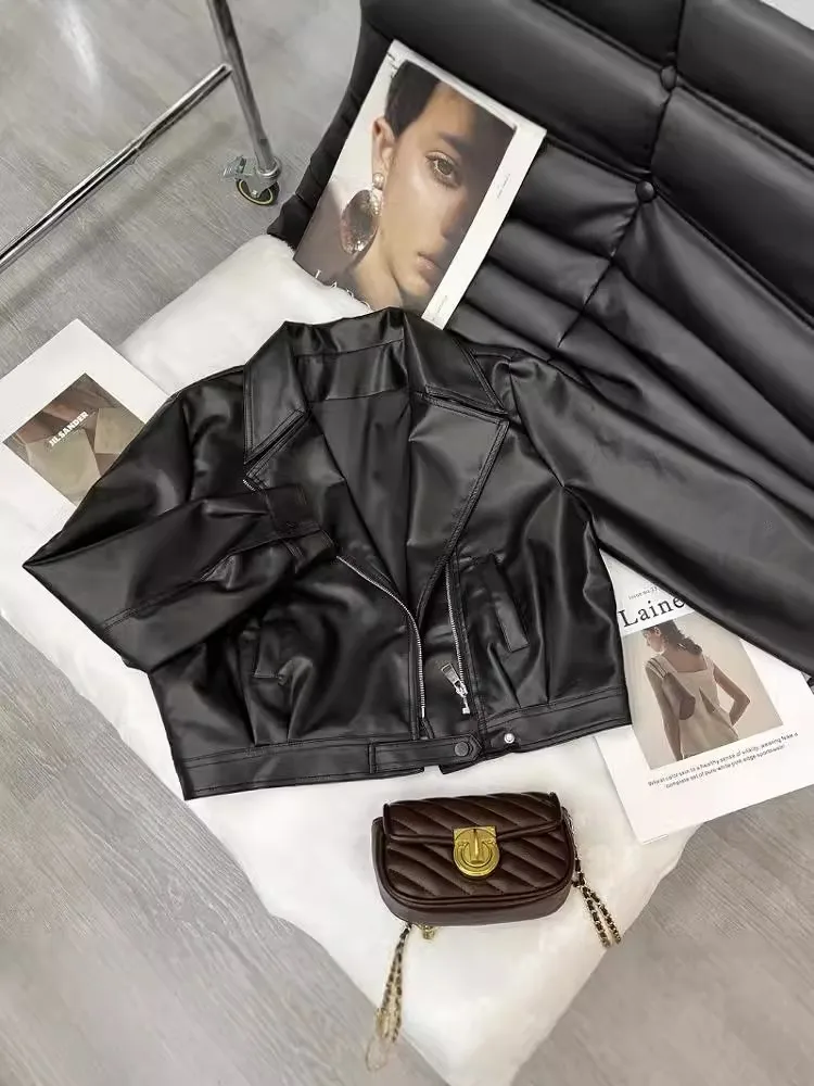 ファイオナブル・ティエンエド・フェイス レディース バイカー レザージャケット 秋冬新作 スリップジッパー ルーズフィット ロングスリーブ スーツカラーコート