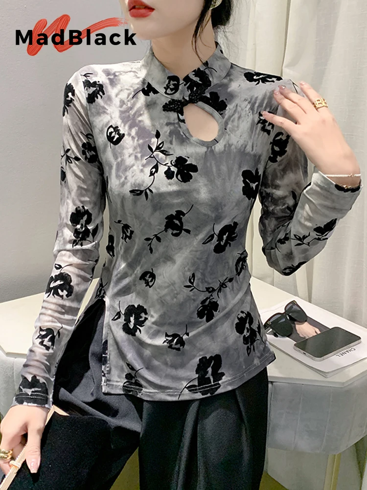 

MadBlack Tradition Chinese Clothes TShirt Women Mandarine Collar Beaded Print Slim Top Long Sleeve Tees Autumn Spring T39792JC