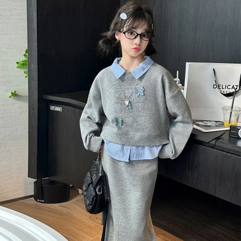 

School Girls Two-piece Suits Autumn Korean Children Girls Striped Patchwork Sweatshirt Teenager Girls Elastic Waist Skirt