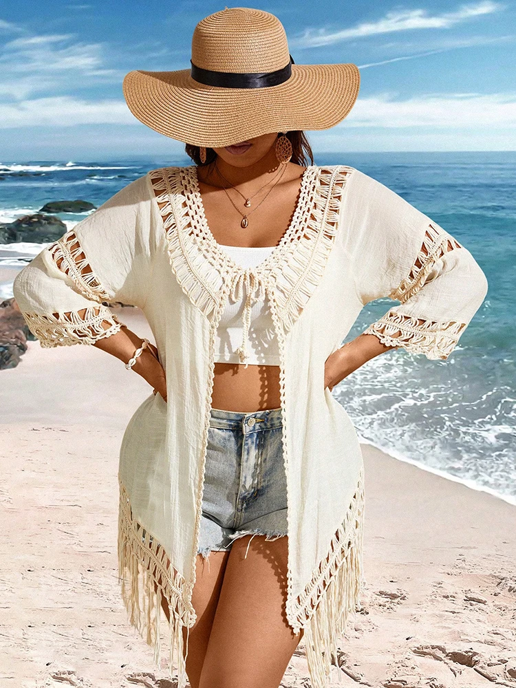 Plus Size Strand Tropische Quasten Cover-Up Kimono Häkeln Sonnenschutz Badeanzug Robe Badeanzug Strand Cover Up Smock Badeanzug