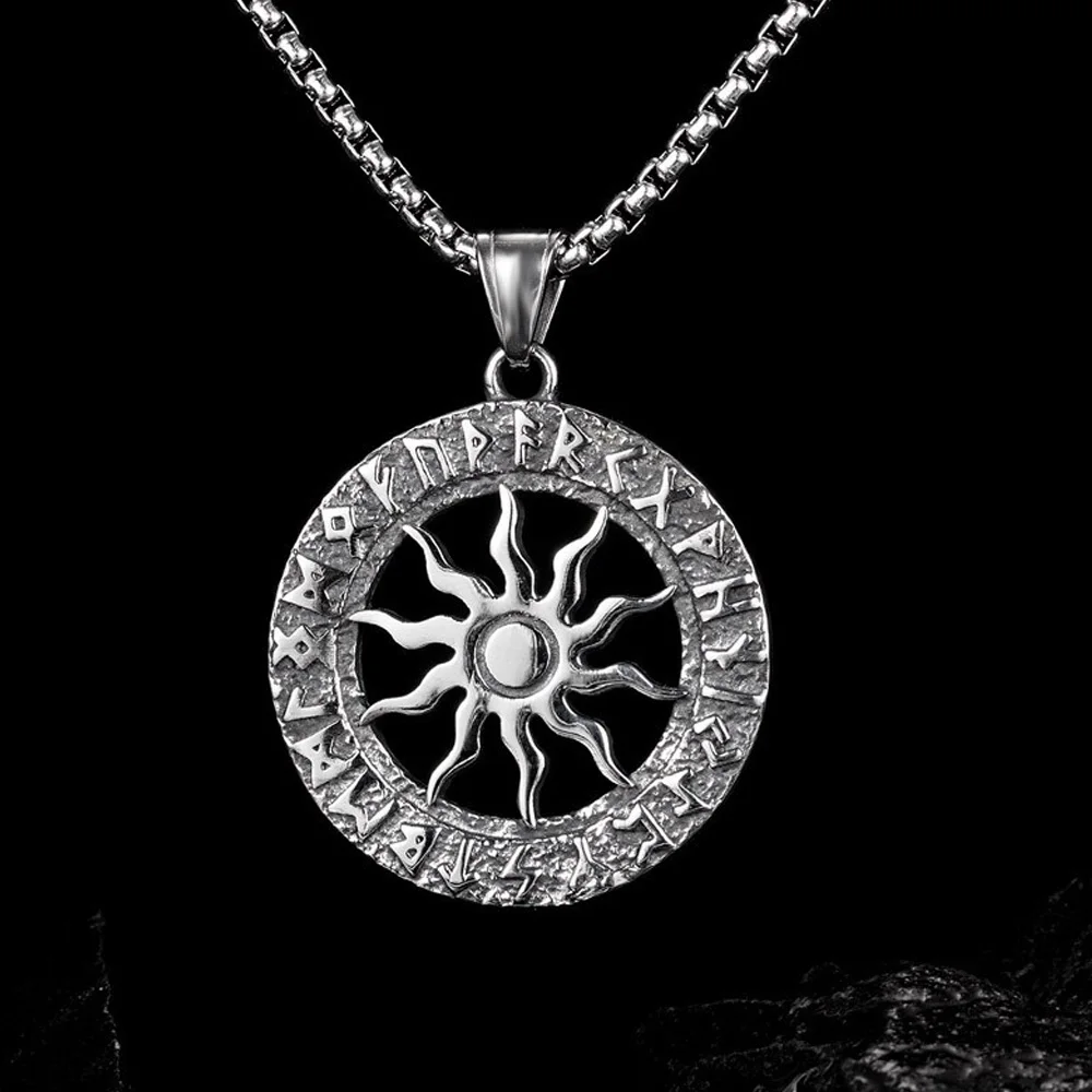 Vintage Sun God Apollo Pendant Necklace Fashion Round Nordic Stainless Steel Viking Rune Necklace Men Amulet Jewelry Gift