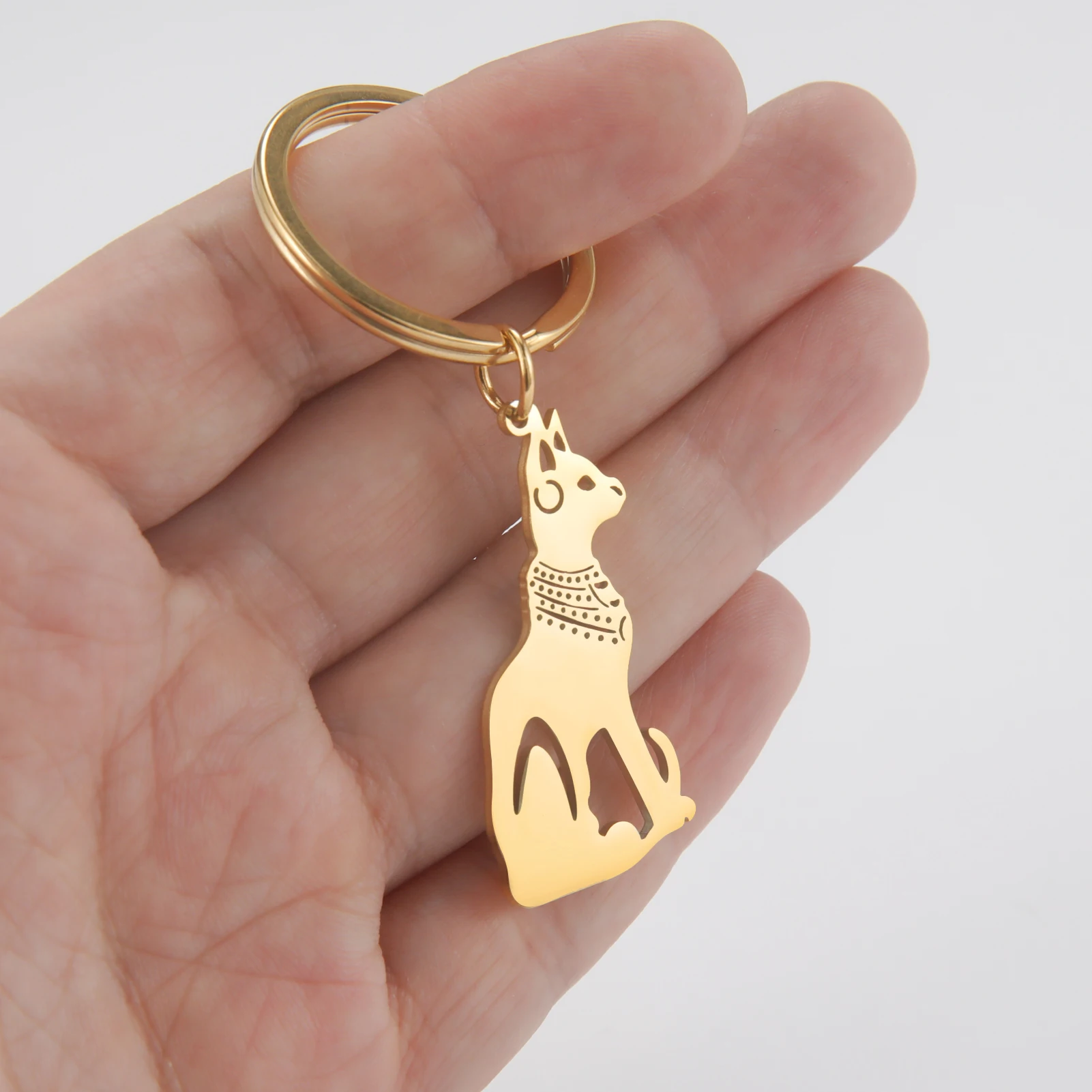 Ancient Egypt Cat Keychain Key Chain Mystic Animal Egyptian Goddess of Protection Pendant Stainless Steel Lover Birthday Jewelry