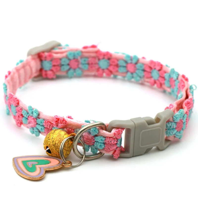 Fashion Rainbow Flower Cat Collar With Bell Kitten Puppy Necklace Adjustable Buckle Colorful Lace Kitten Collar Dog Accessories