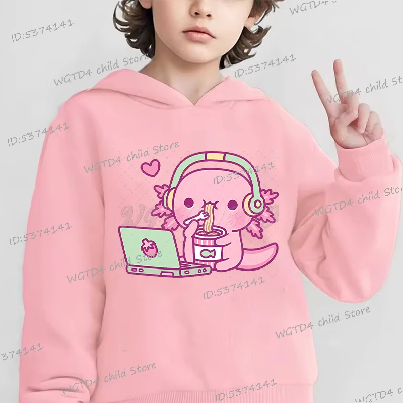 Cute Axolotl Loves Playing Video Games Hoodie Kids Kawaii Harajuku Cartoon Hoody Boys Girls Spring Pullovers Axolotl Sweatshirts