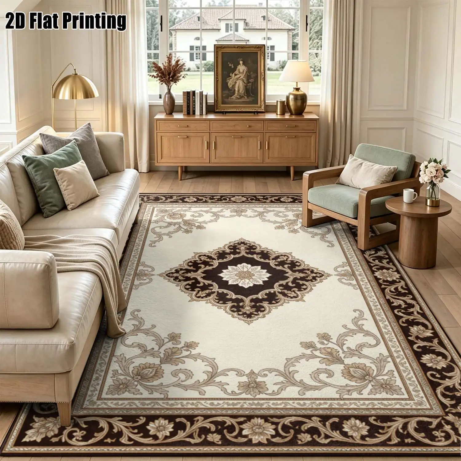 1Pc 2D Printed Brown White European Scroll Flower Retro Carpet, Machine Washable, Multi-Size, Ideal for Home Decor & Various Spaces
