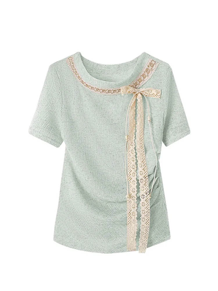 Delicate Green Lace  Knot Short Sleeve T-Shirt Women's Summer Design Thin Belt Shoulder T-Shirt Cute Style Loose Fit