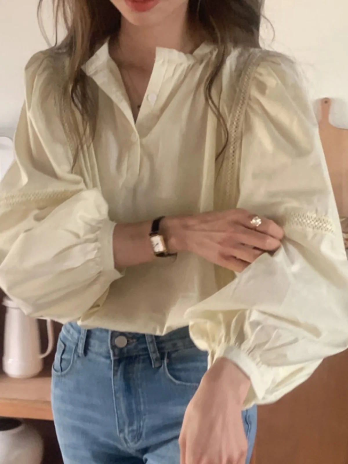 2024年秋の初め ルーズフィット ロングスリーブブラウス 韓国風 スリープオープンカラー 無地 ランタンスリーブ エレガント 高級...