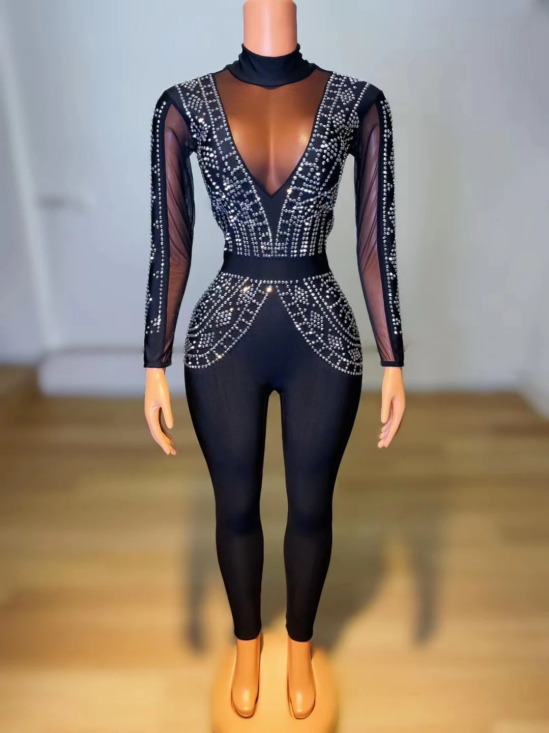 

Sexy Stones Mirror Dress Jumpsuit BirthdayCelebrate Evening Wear Female Singer Show SeeThrough Clothes A169