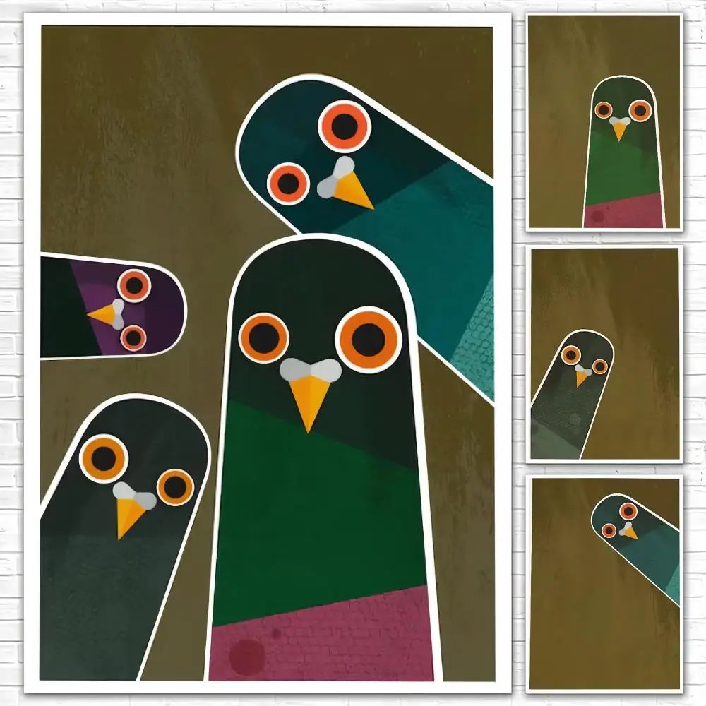 Playful Geometric Pigeon HD Wall Art Poster Bold Retro Bird Illustration Vibrant Color Modern Living Room Home Decor Gift