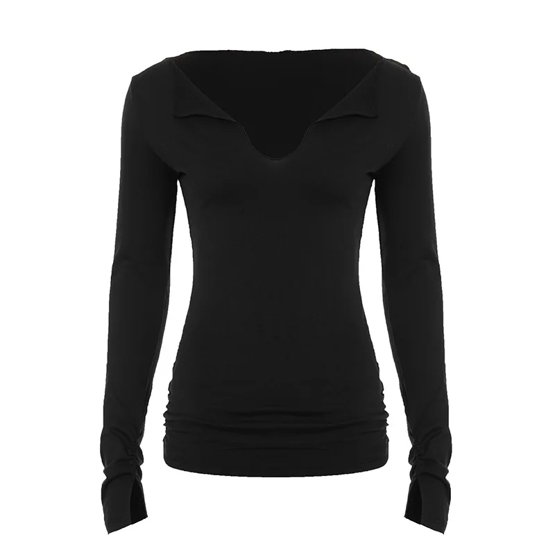 

Women's Deep Collar Cross Collar Long Sve Tirt Top Casual Sle Slim Fit Polyester Fabric Hoodie Autumn Season