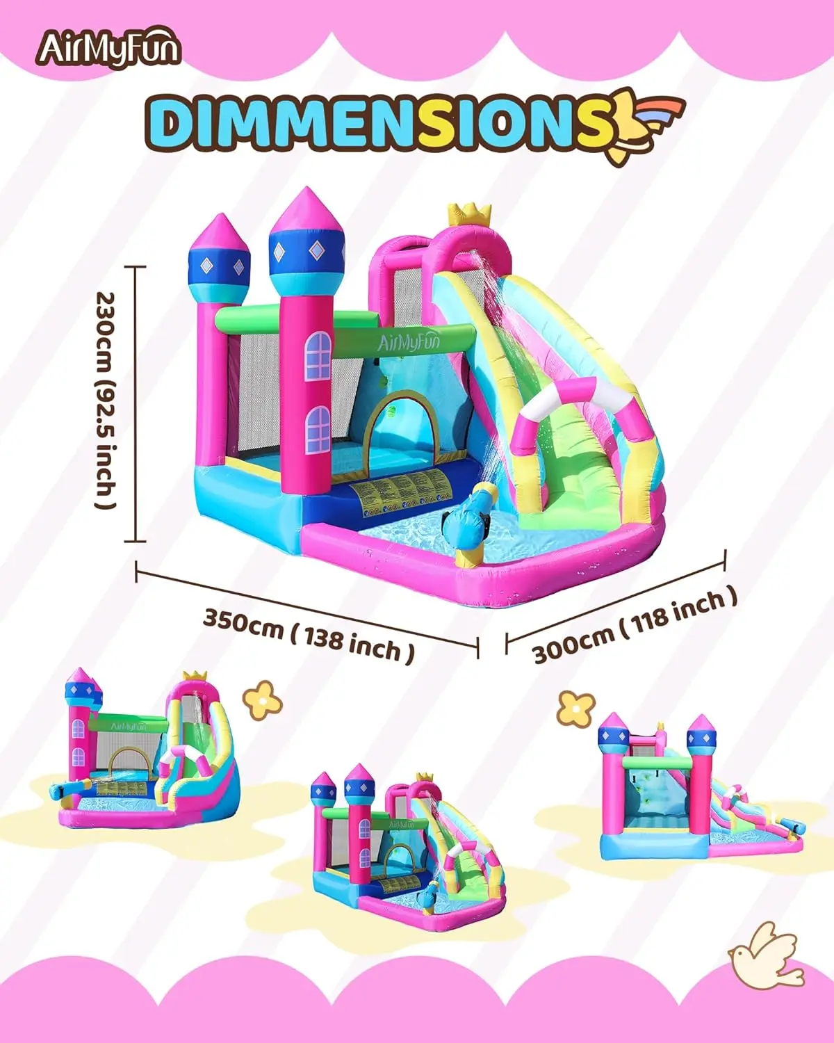 대형 어린이용(8-12세) 분홍색 공주님 풍선 워터 슬라이드 바운스 하우스 (긴 슬라이드 및 물총 포함)