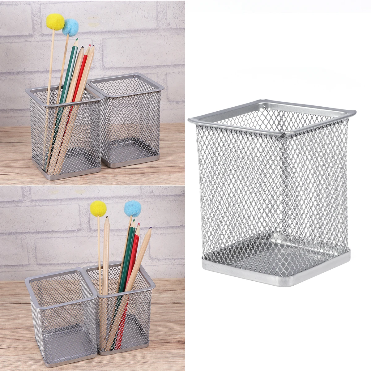 

2 Pcs Metal Hollow Pen Holder Silver Mesh Pencil Pot Case Square Office