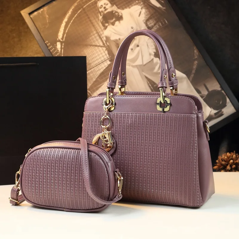 Vertical striped embossed two-piece women's bag set, large-capacity structured handbag, versatile commuting, shoulder and cr
