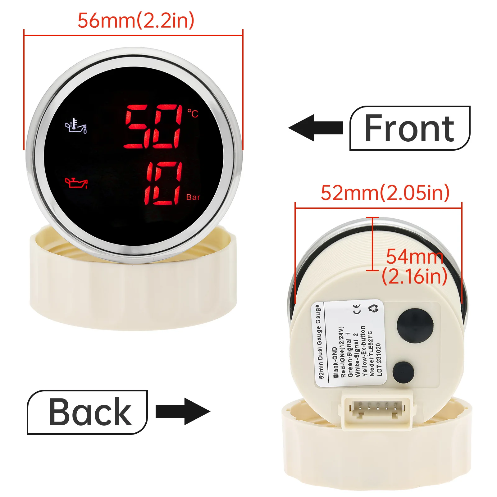 50 ~ 150 درجة مئوية مقياس درجة حرارة الزيت + 0-10 بار مقياس ضغط الزيت مع إنذار أو مع جهاز استشعار 52 مللي متر مقياس المؤشر الرقمي #6